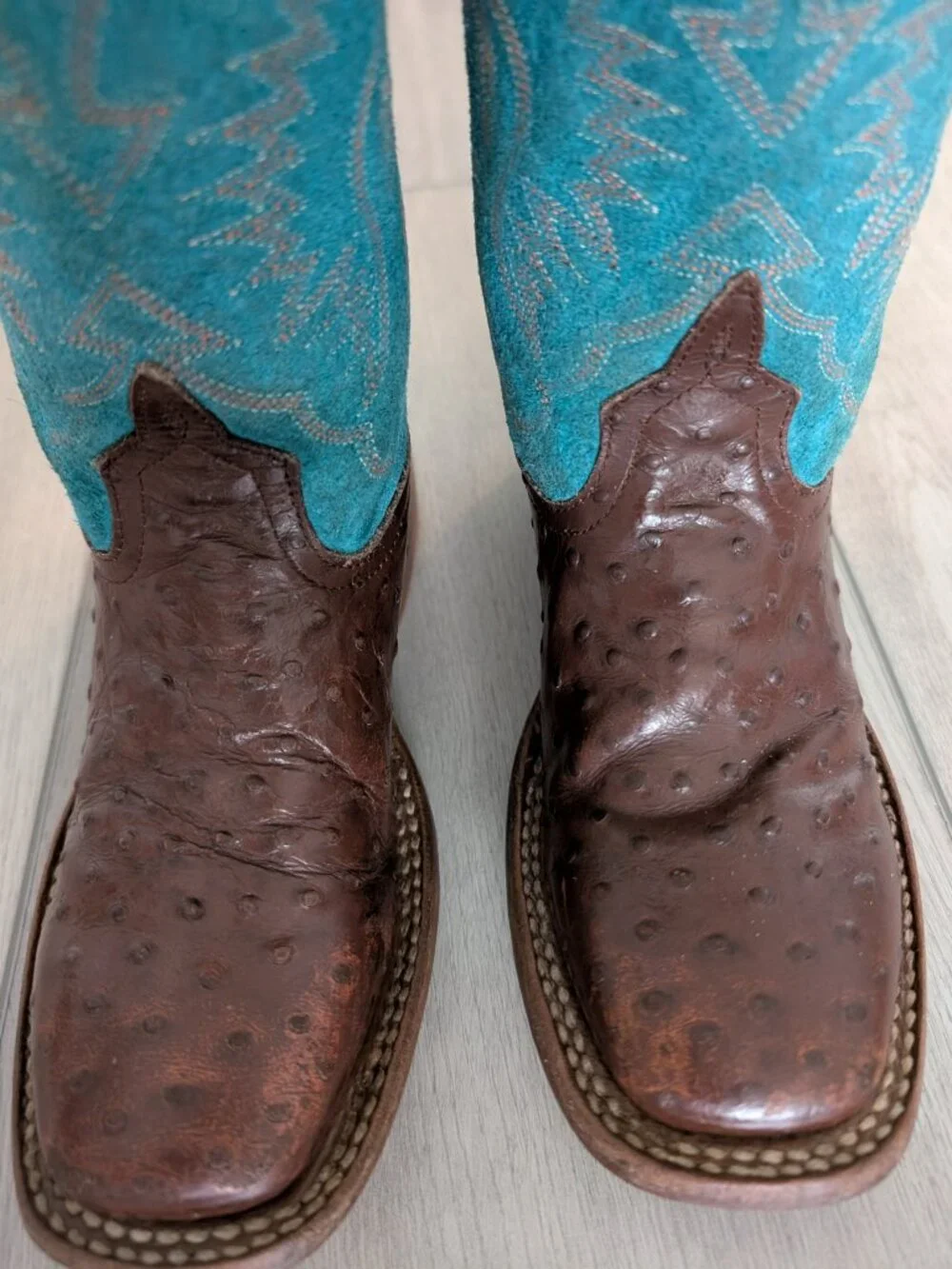 ANDERSON BEAN Kids Chocolate Ostrich Cowboy Boots Turquoise Shaft Size 1 AKB7083